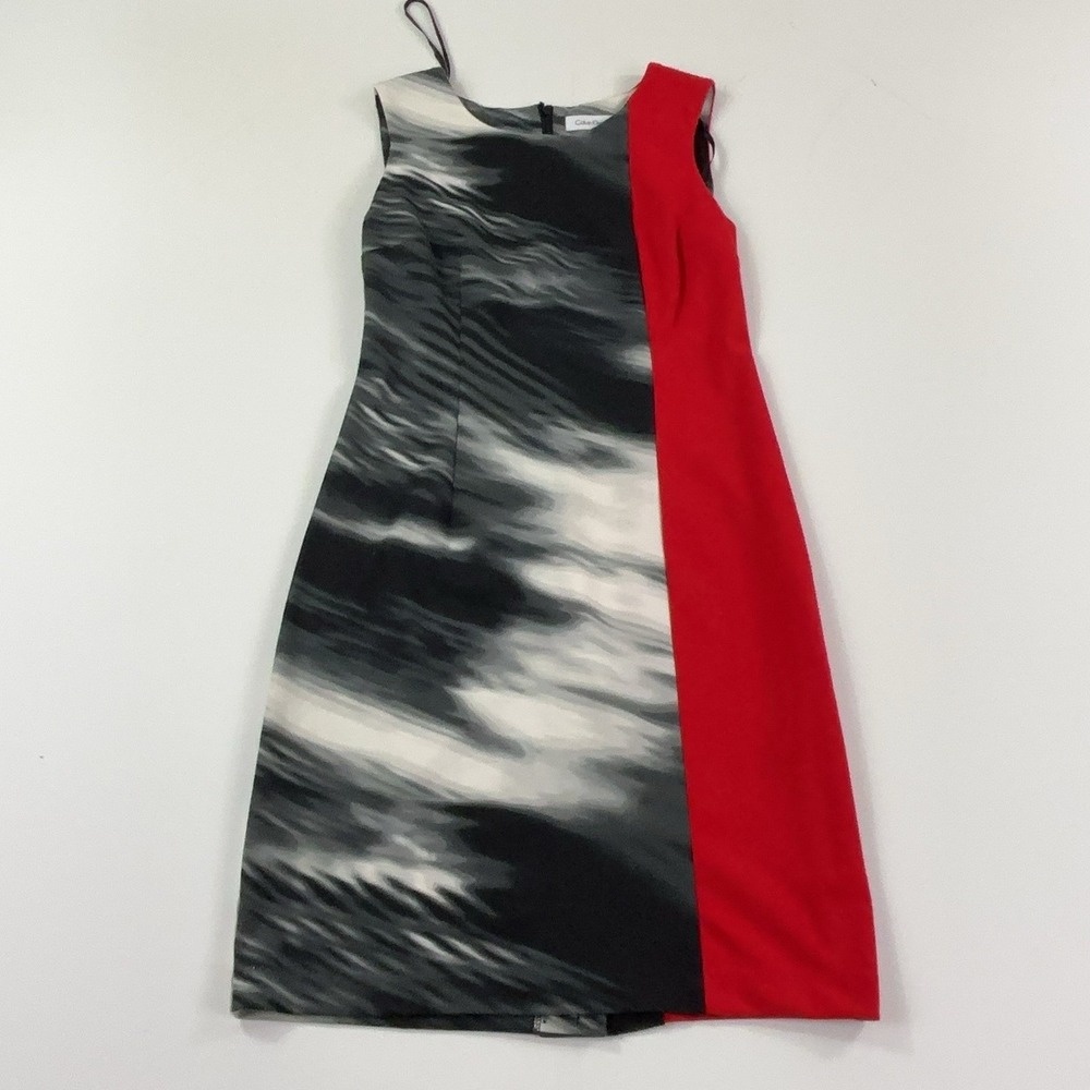 Calvin Klein Dress Womens Medium Red Black Colorblock Sleeveless Sheath Knit